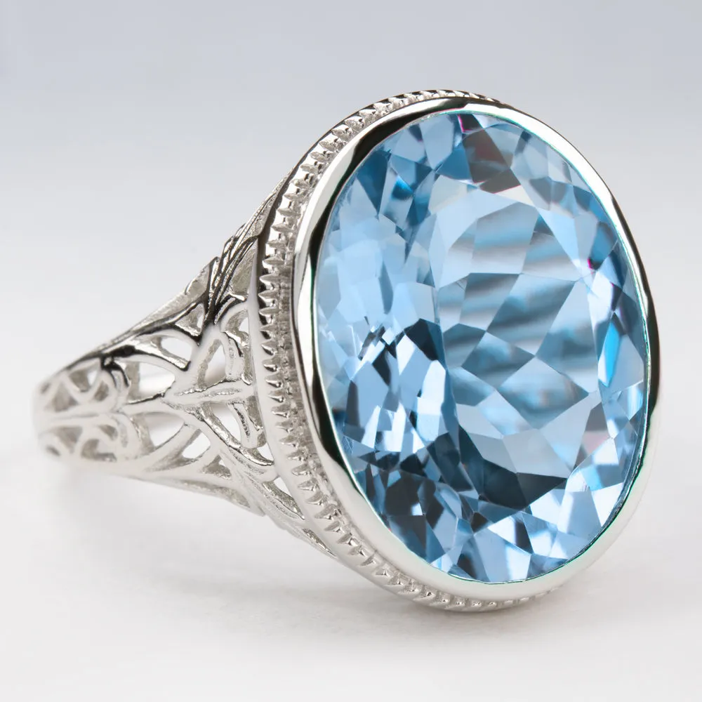 SWISS BLUE TOPAZ STERLING SILVER RING VINTAGE STYLE OVAL FILIGREE GEM SOLITAIRE