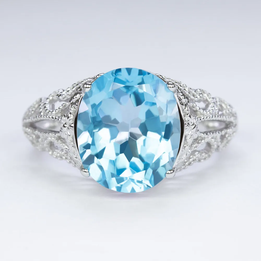 SWISS BLUE TOPAZ VINTAGE STYLE COCKTAIL RING STERLING SILVER FILIGREE ART DECO