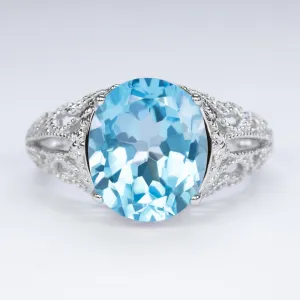 SWISS BLUE TOPAZ VINTAGE STYLE COCKTAIL RING STERLING SILVER FILIGREE ART DECO