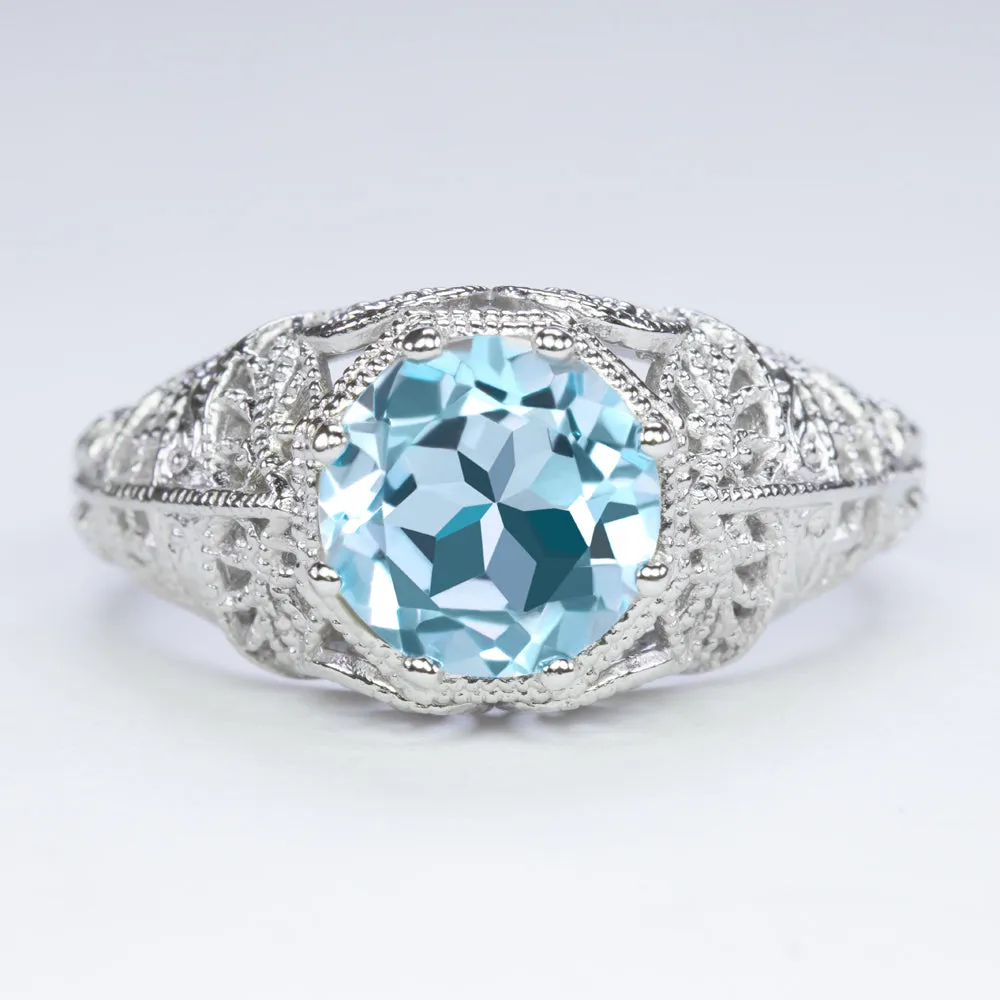 SWISS BLUE TOPAZ VINTAGE STYLE SOLITAIRE RING STERLING SILVER FILIGREE ART DECO