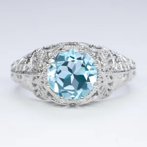 SWISS BLUE TOPAZ VINTAGE STYLE SOLITAIRE RING STERLING SILVER FILIGREE ART DECO