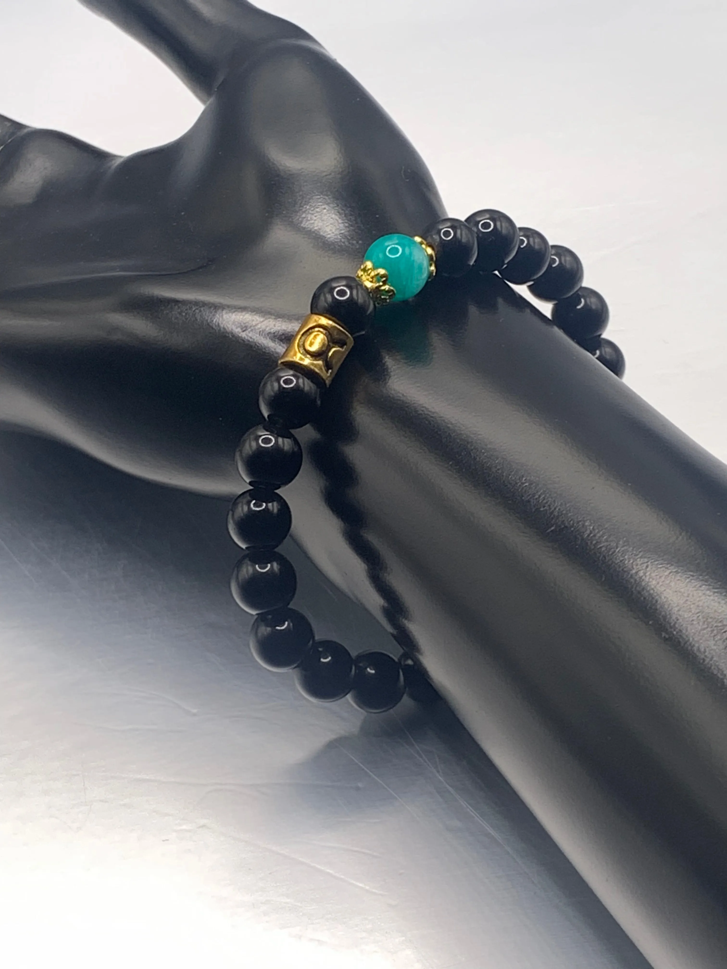 Taurus Zodiac black obsidian with aquamarine chalcedony semi precious stone/crystal elastic beaded bracelet with gold accents