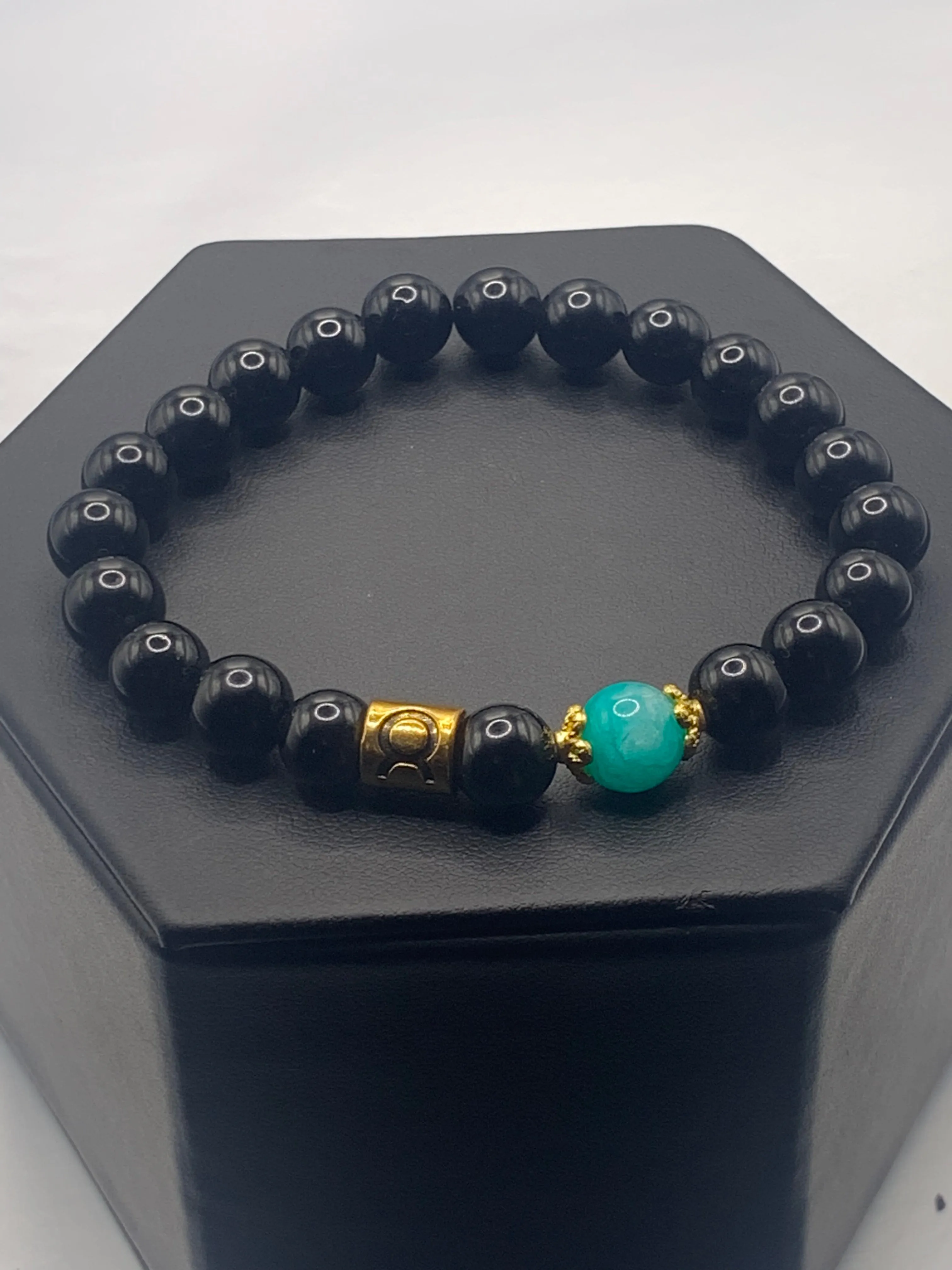 Taurus Zodiac black obsidian with aquamarine chalcedony semi precious stone/crystal elastic beaded bracelet with gold accents