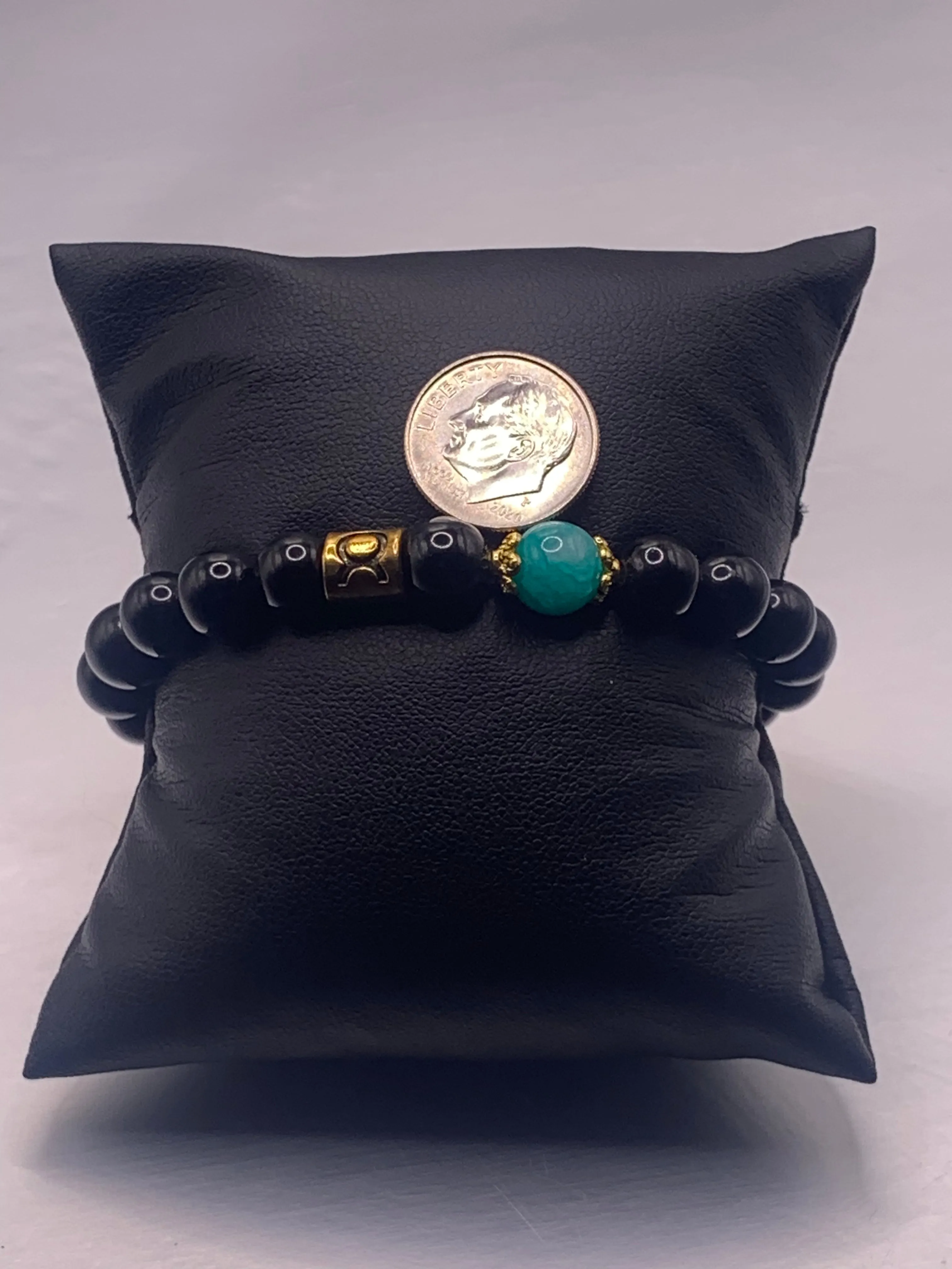 Taurus Zodiac black obsidian with aquamarine chalcedony semi precious stone/crystal elastic beaded bracelet with gold accents