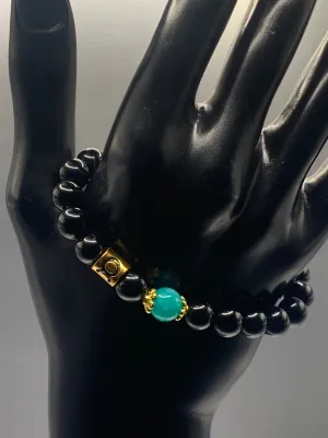 Taurus Zodiac black obsidian with aquamarine chalcedony semi precious stone/crystal elastic beaded bracelet with gold accents