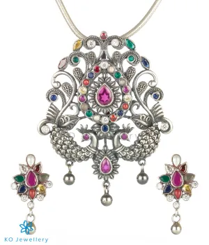 The Mayil Silver Navarthna Peacock Pendant(Oxidised)