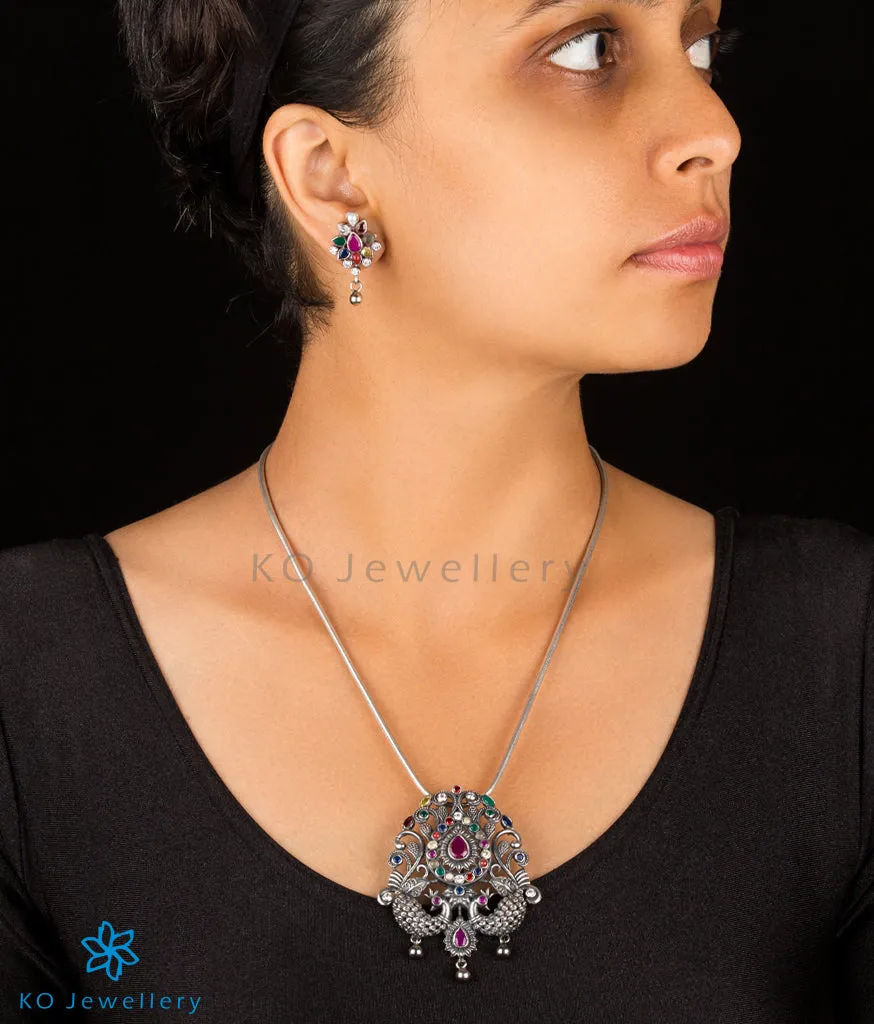 The Mayil Silver Navarthna Peacock Pendant(Oxidised)