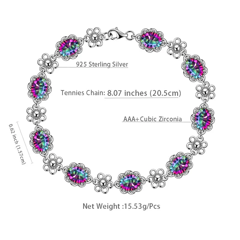 Tokyo Mart Women Vintage Tennis Bracelet Rainbow Mystic Topaz Jewelry Flower Oval Girls Gifts 925 Sterling Silver