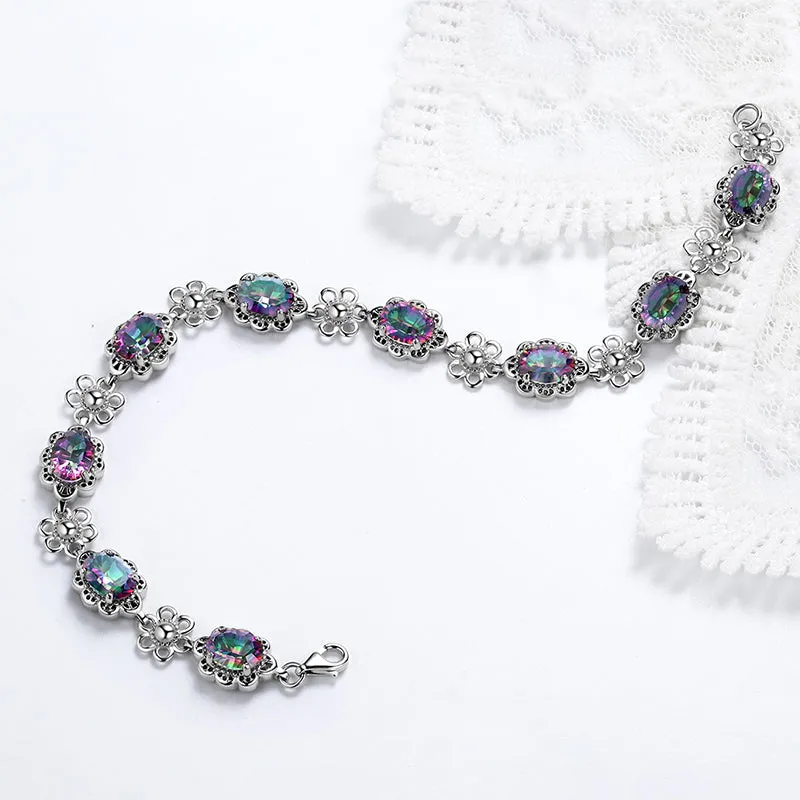 Tokyo Mart Women Vintage Tennis Bracelet Rainbow Mystic Topaz Jewelry Flower Oval Girls Gifts 925 Sterling Silver