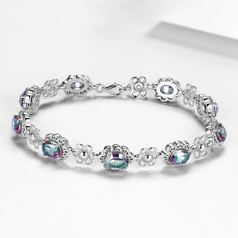Tokyo Mart Women Vintage Tennis Bracelet Rainbow Mystic Topaz Jewelry Flower Oval Girls Gifts 925 Sterling Silver
