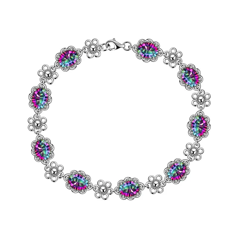 Tokyo Mart Women Vintage Tennis Bracelet Rainbow Mystic Topaz Jewelry Flower Oval Girls Gifts 925 Sterling Silver