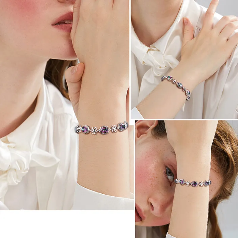 Tokyo Mart Women Vintage Tennis Bracelet Rainbow Mystic Topaz Jewelry Flower Oval Girls Gifts 925 Sterling Silver