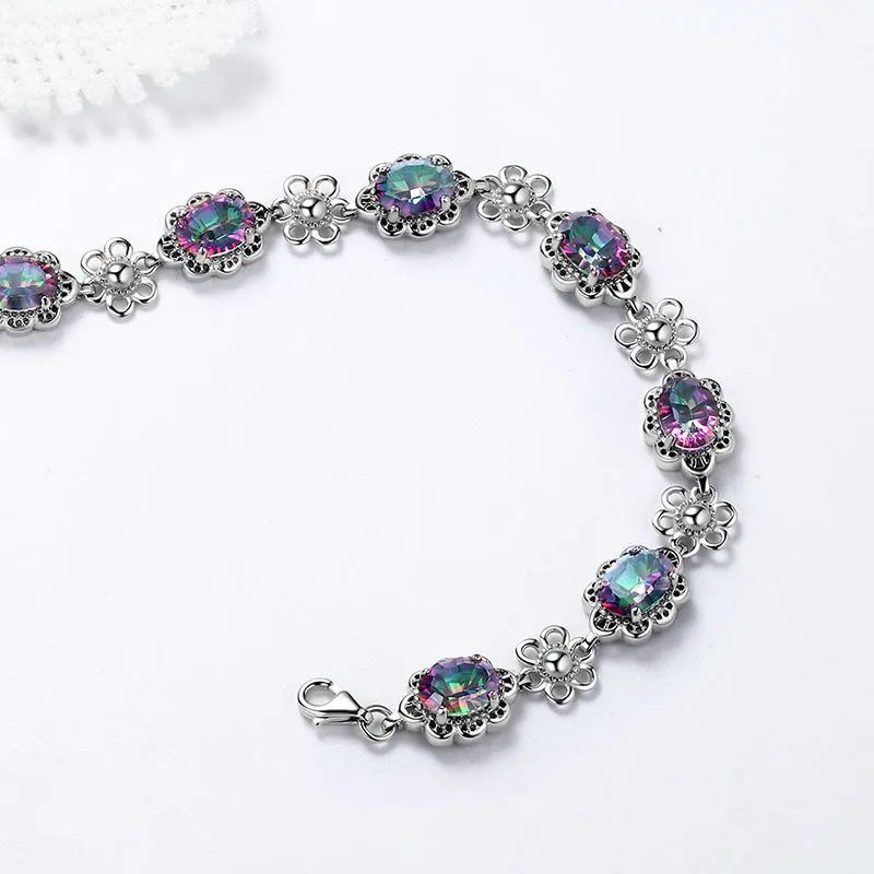 Tokyo Mart Women Vintage Tennis Bracelet Rainbow Mystic Topaz Jewelry Flower Oval Girls Gifts 925 Sterling Silver