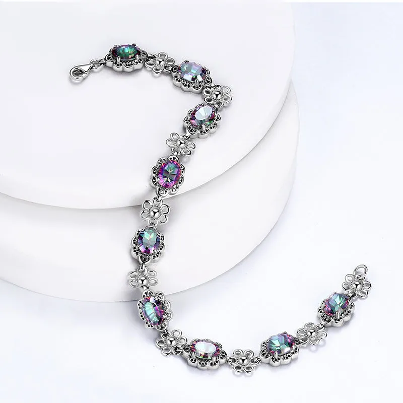 Tokyo Mart Women Vintage Tennis Bracelet Rainbow Mystic Topaz Jewelry Flower Oval Girls Gifts 925 Sterling Silver