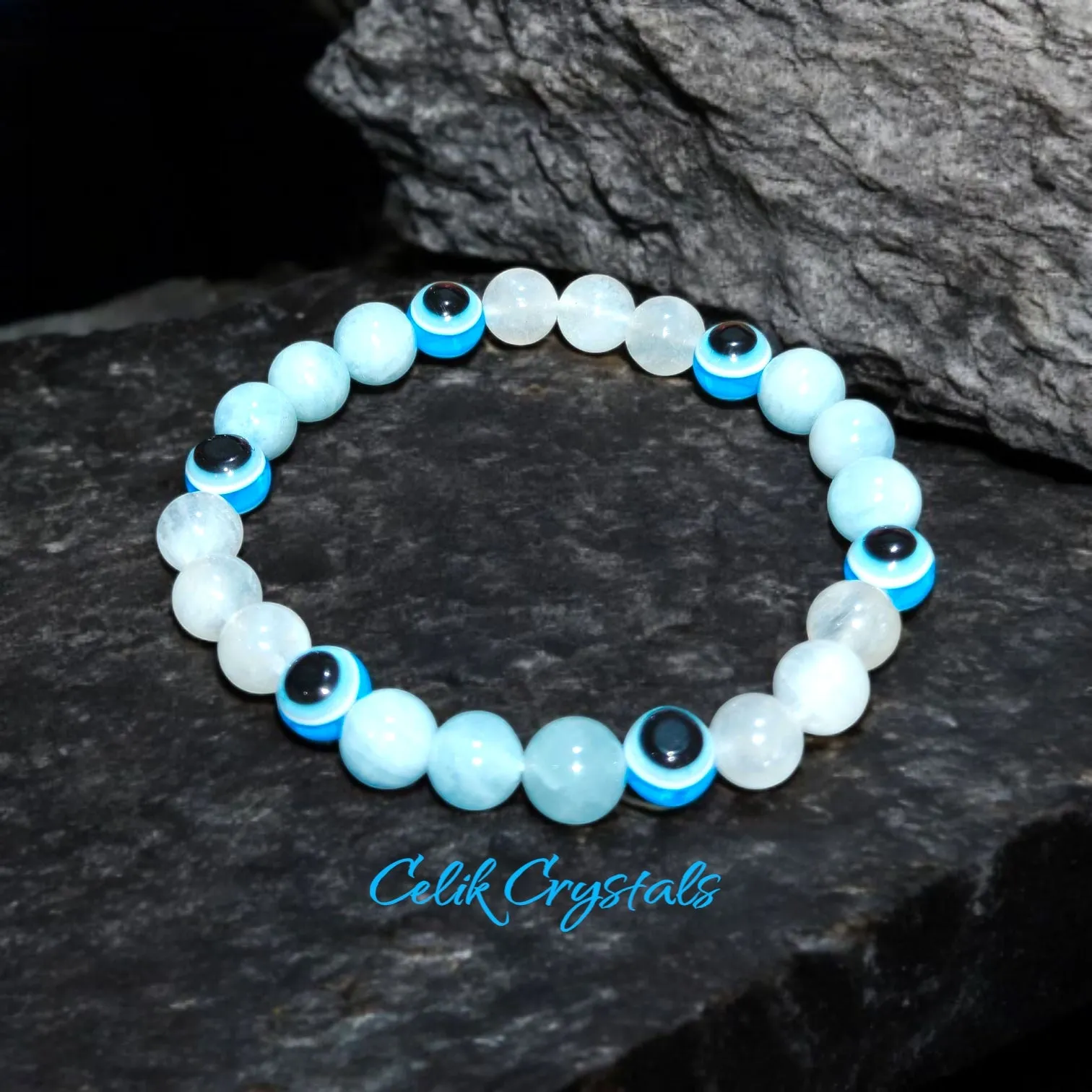 Transparent Moonstone Bracelet with Evil Eye & Aquamarine 8mm Unisex