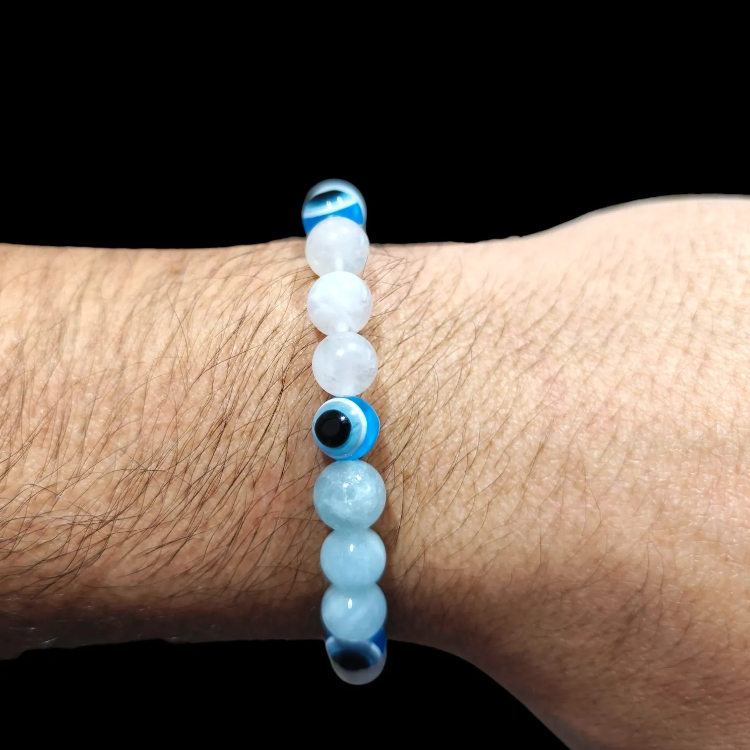 Transparent Moonstone Bracelet with Evil Eye & Aquamarine 8mm Unisex