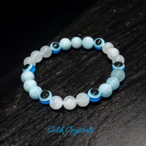 Transparent Moonstone Bracelet with Evil Eye & Aquamarine 8mm Unisex