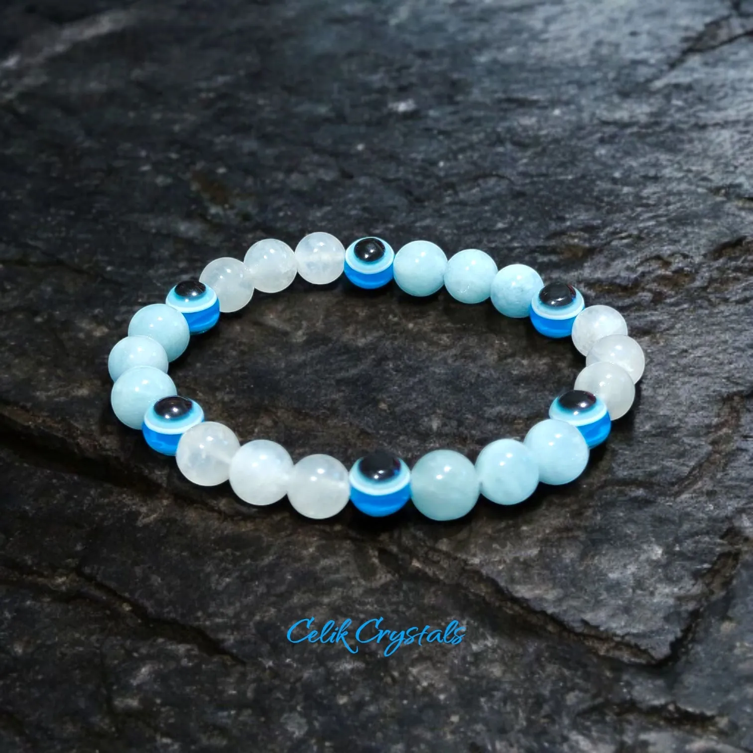 Transparent Moonstone Bracelet with Evil Eye & Aquamarine 8mm Unisex