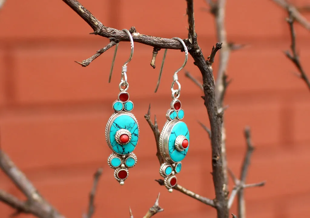 Turquoise and Coral Inlaid Flower Drop Earrings