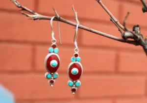 Turquoise and Coral Inlaid Flower Drop Earrings
