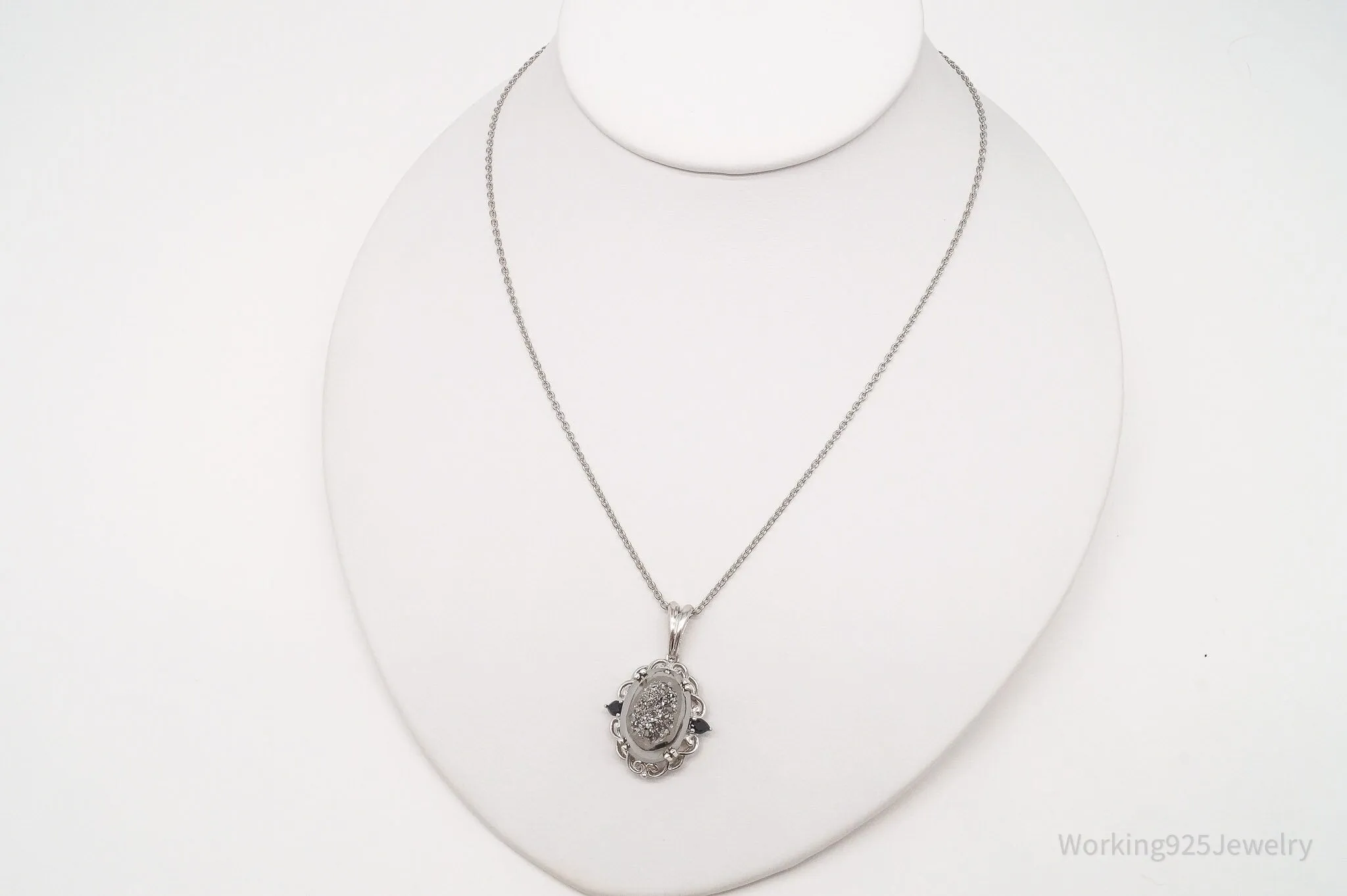 Vintage Druzy Quartz Black Onyx Sterling Silver Chain Necklace 16"