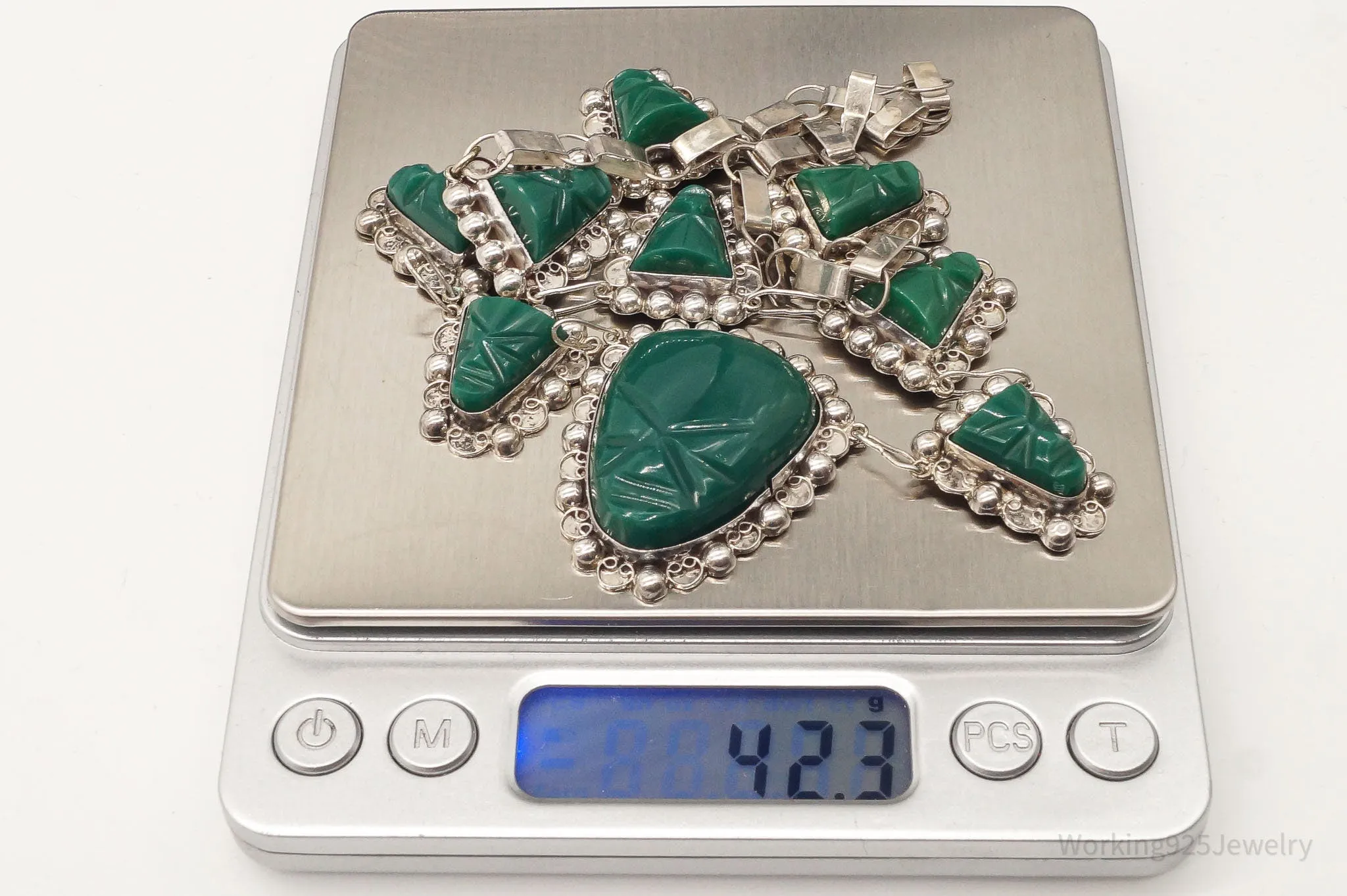 Vintage Mexico Green Onyx Carved Masks Sterling Silver Necklace