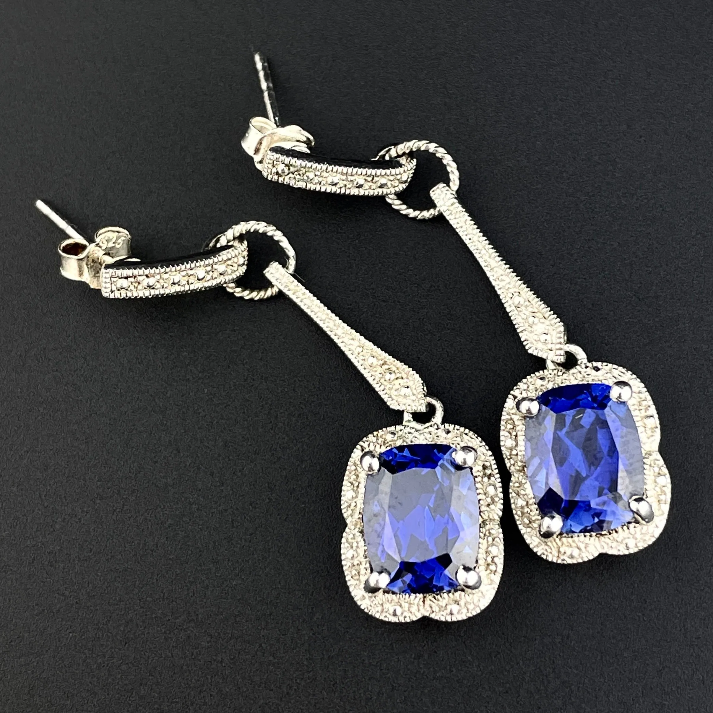 Vintage Silver Cushion Cut Sapphire Drop Earrings