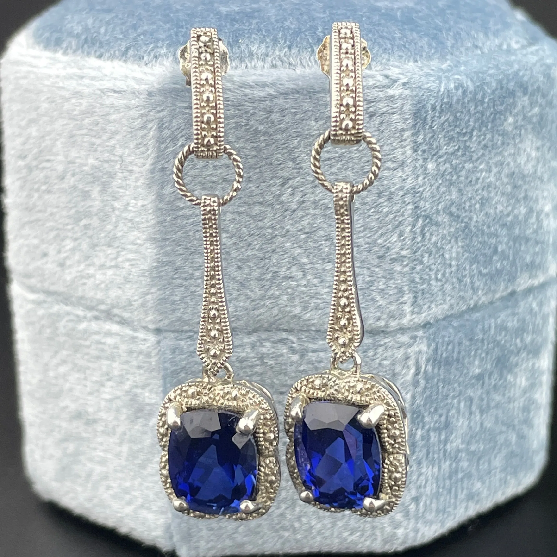 Vintage Silver Cushion Cut Sapphire Drop Earrings