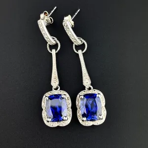 Vintage Silver Cushion Cut Sapphire Drop Earrings