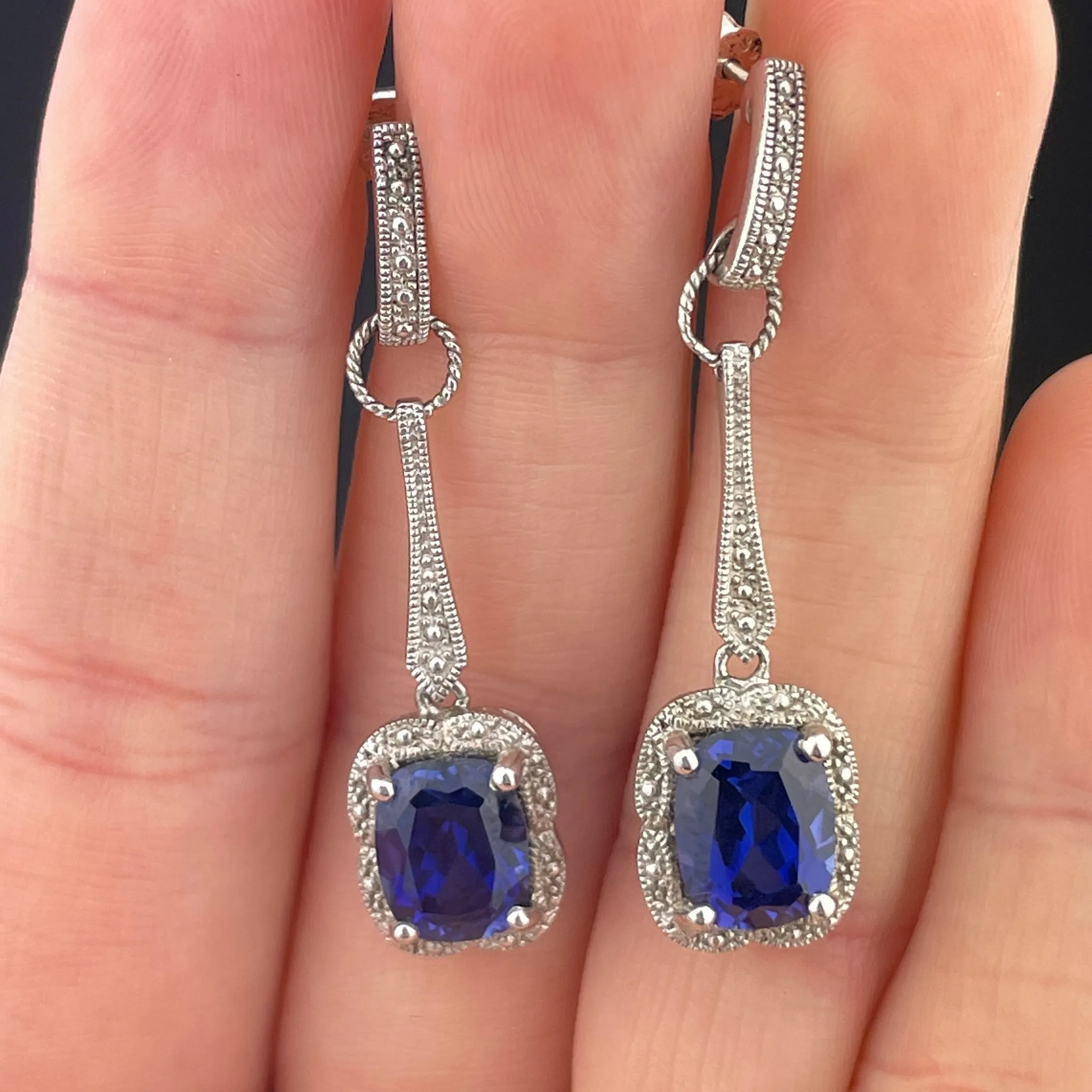 Vintage Silver Cushion Cut Sapphire Drop Earrings