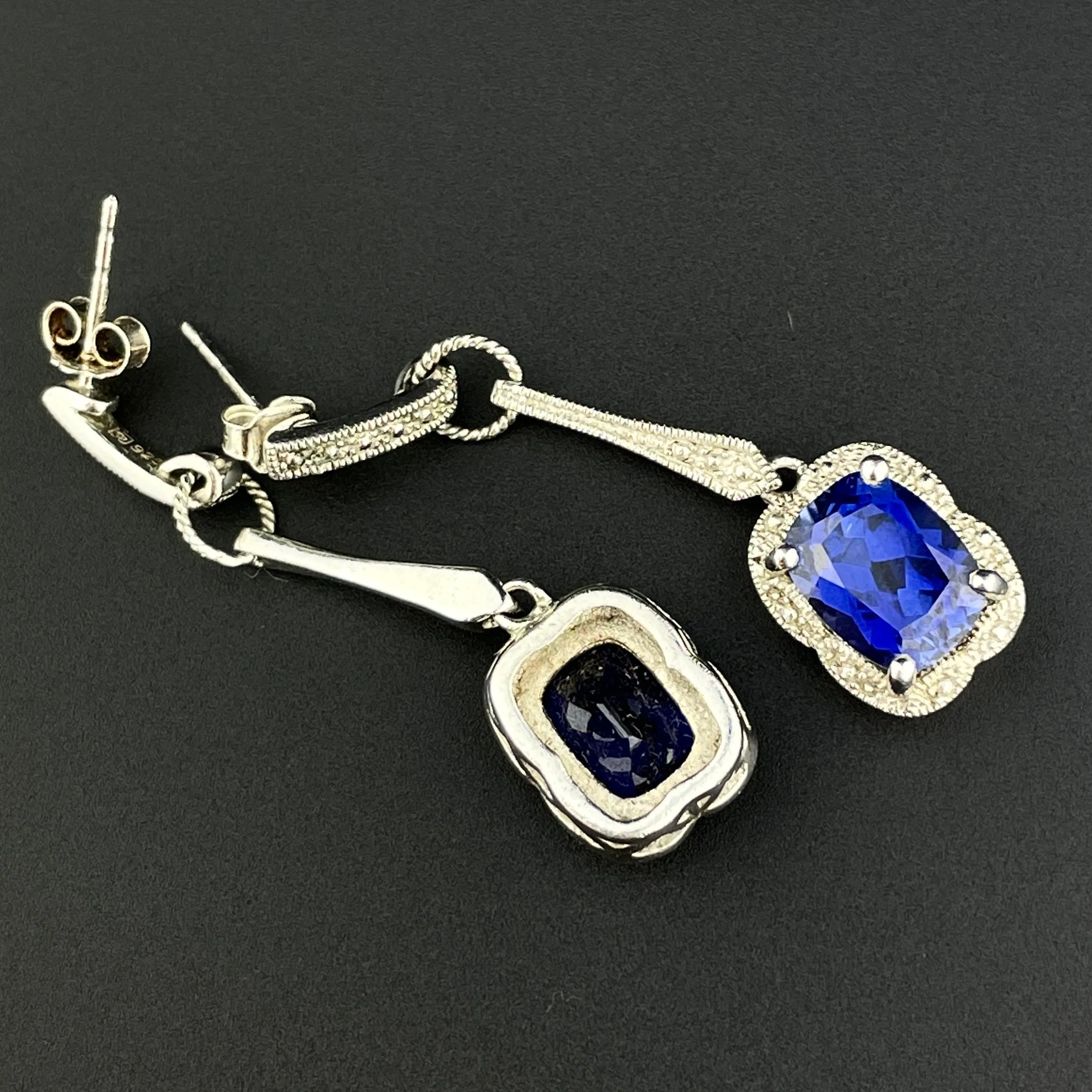 Vintage Silver Cushion Cut Sapphire Drop Earrings