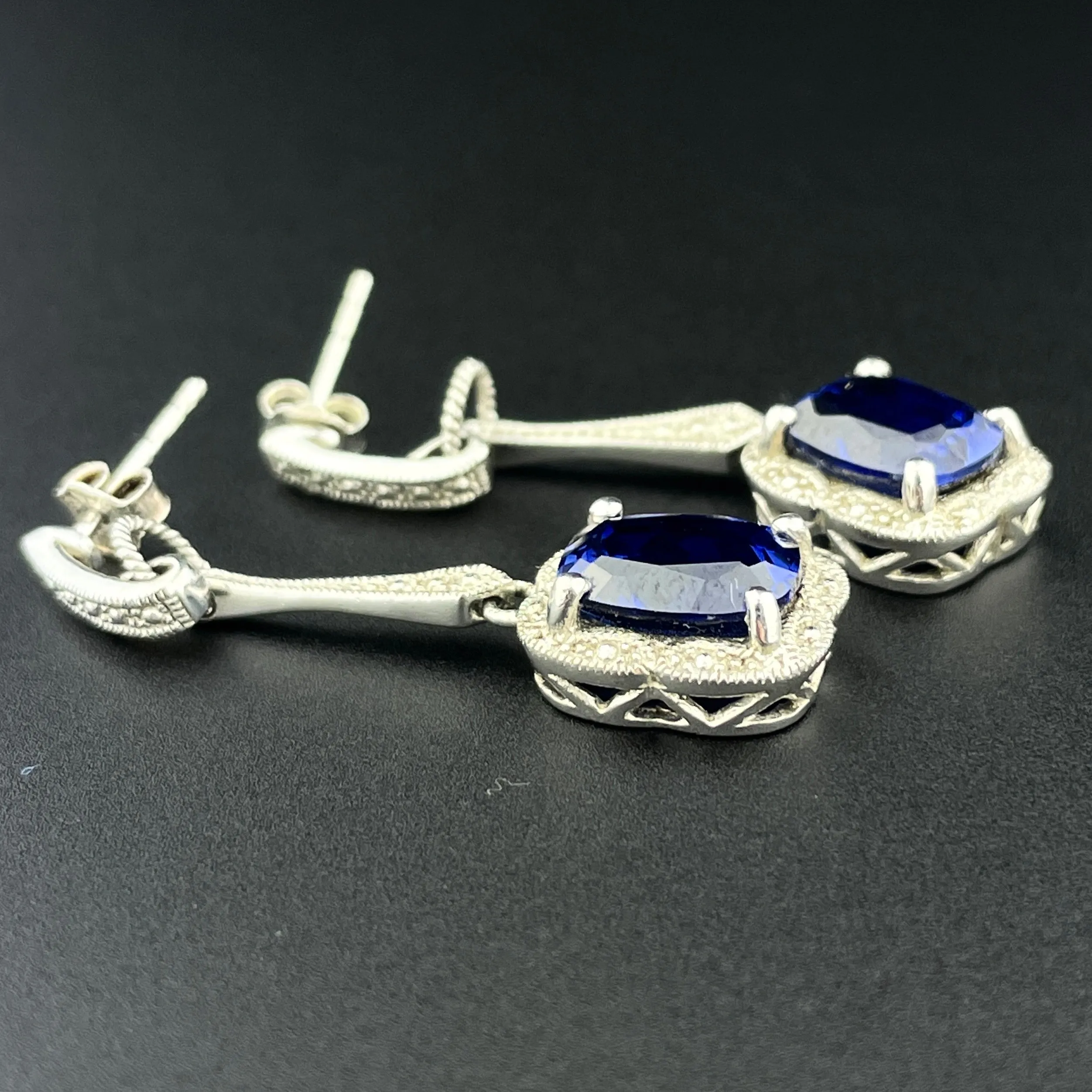 Vintage Silver Cushion Cut Sapphire Drop Earrings
