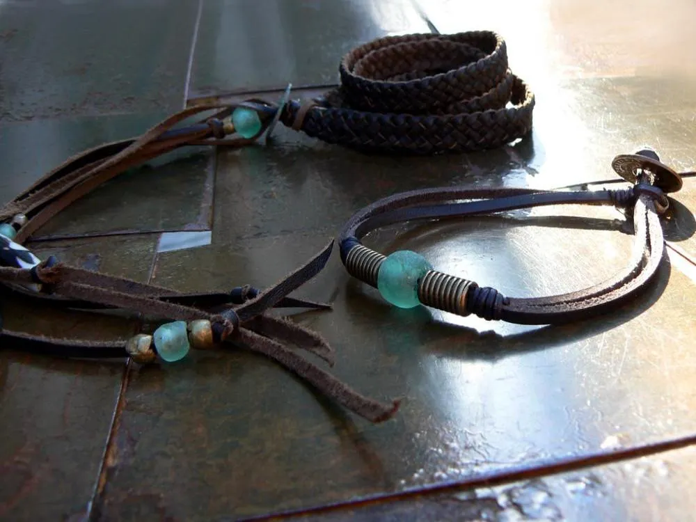 Zuna Braided Leather Wrap Bracelet, African Breads & Coin- SS1131