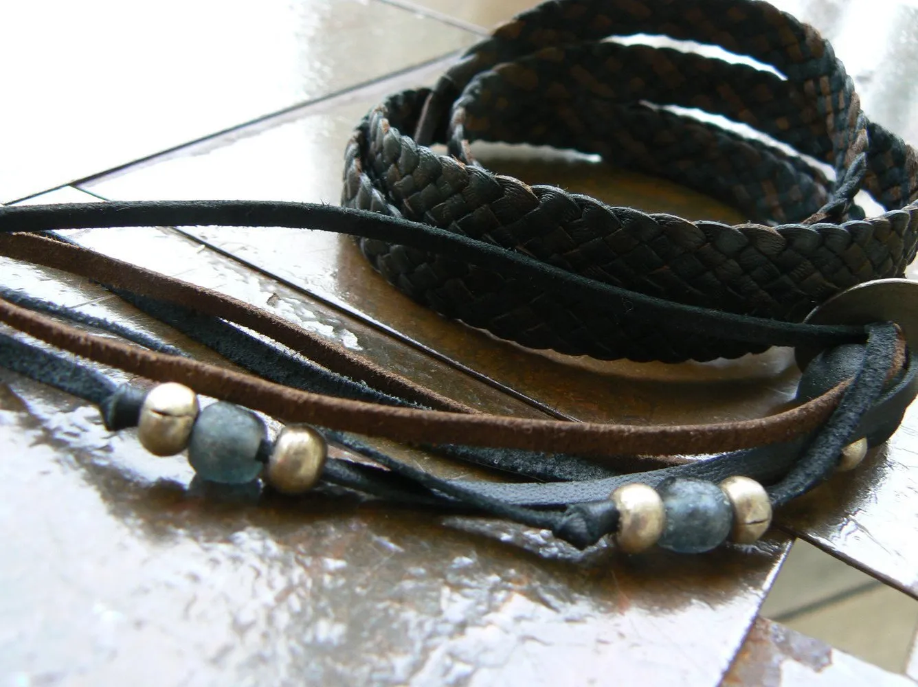 Zuna Braided Leather Wrap Bracelet, African Breads & Coin- SS1131