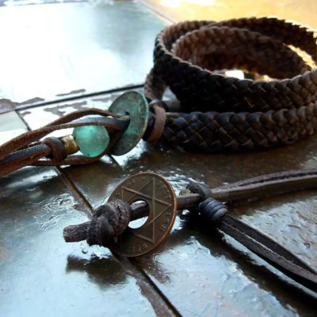 Zuna Braided Leather Wrap Bracelet, African Breads & Coin- SS1131