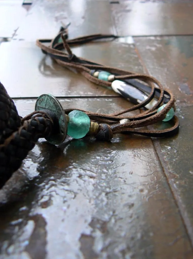 Zuna Braided Leather Wrap Bracelet, African Breads & Coin- SS1131