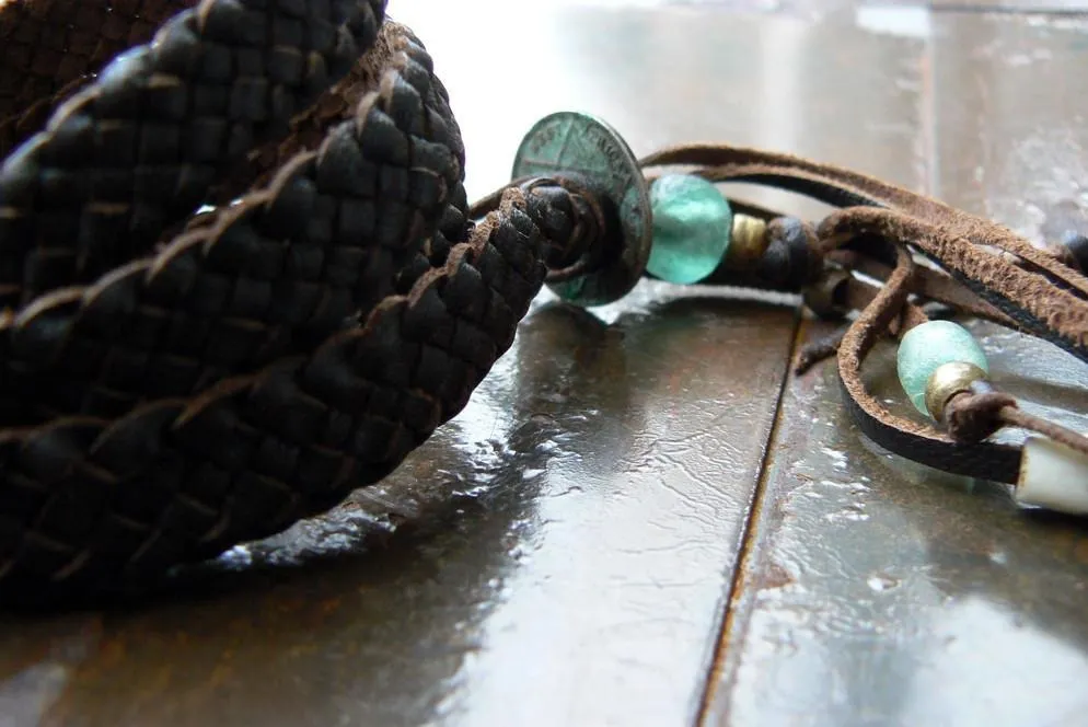 Zuna Braided Leather Wrap Bracelet, African Breads & Coin- SS1131