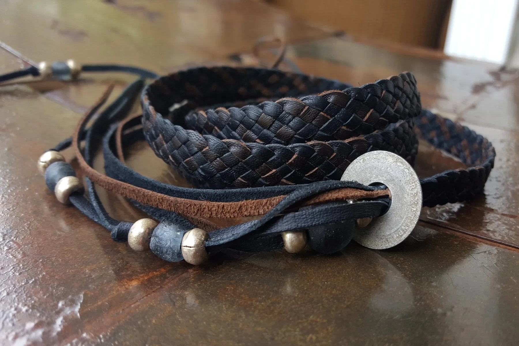 Zuna Braided Leather Wrap Bracelet, African Breads & Coin- SS1131