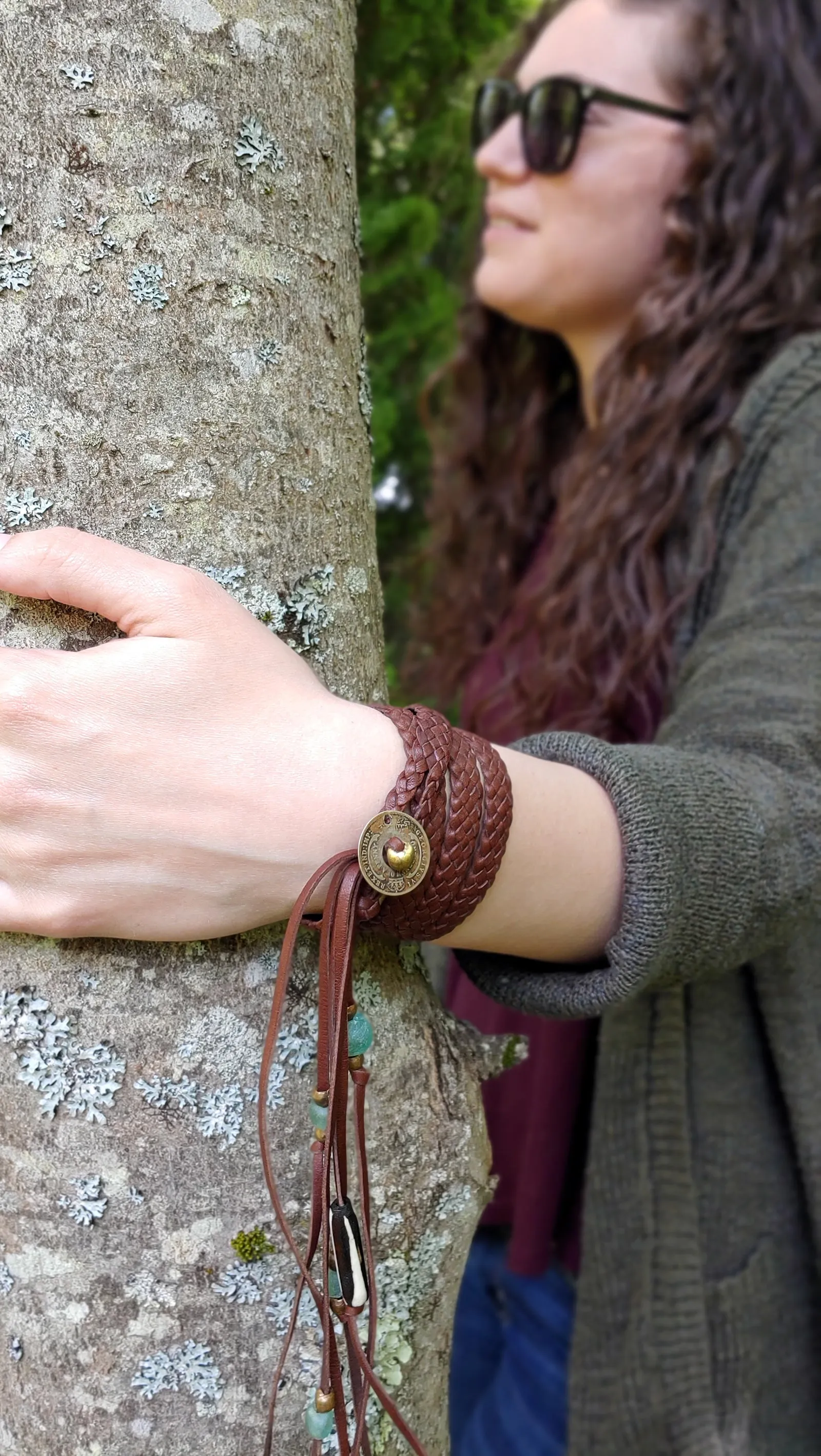 Zuna Braided Leather Wrap Bracelet, African Breads & Coin- SS1131