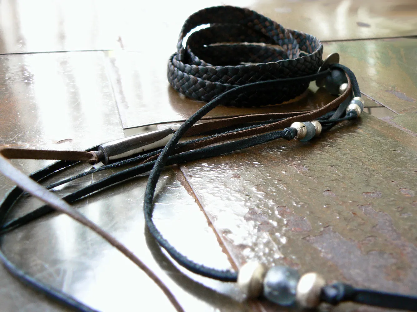 Zuna Braided Leather Wrap Bracelet, African Breads & Coin- SS1131