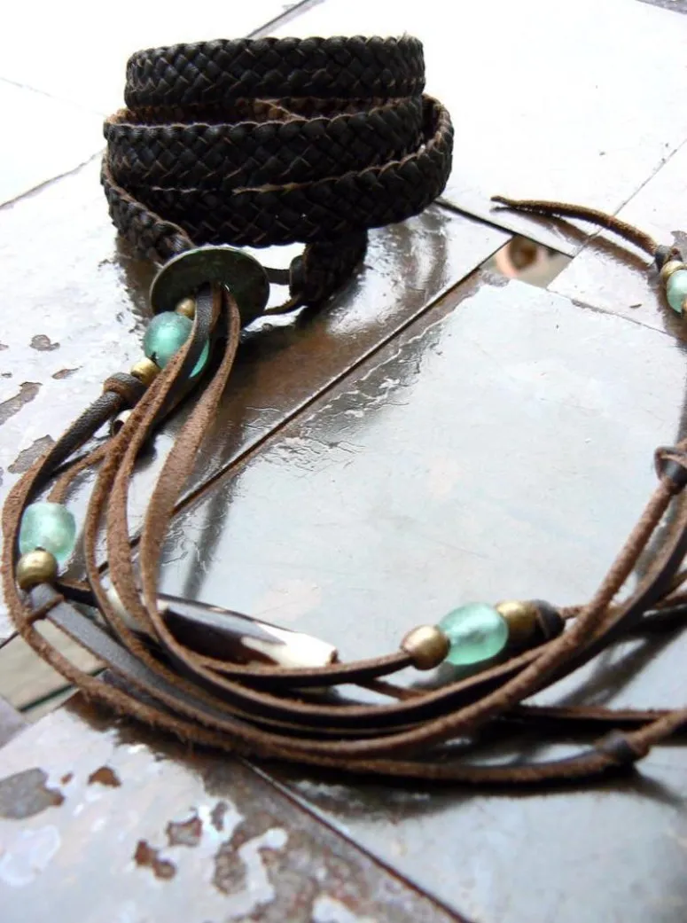 Zuna Braided Leather Wrap Bracelet, African Breads & Coin- SS1131